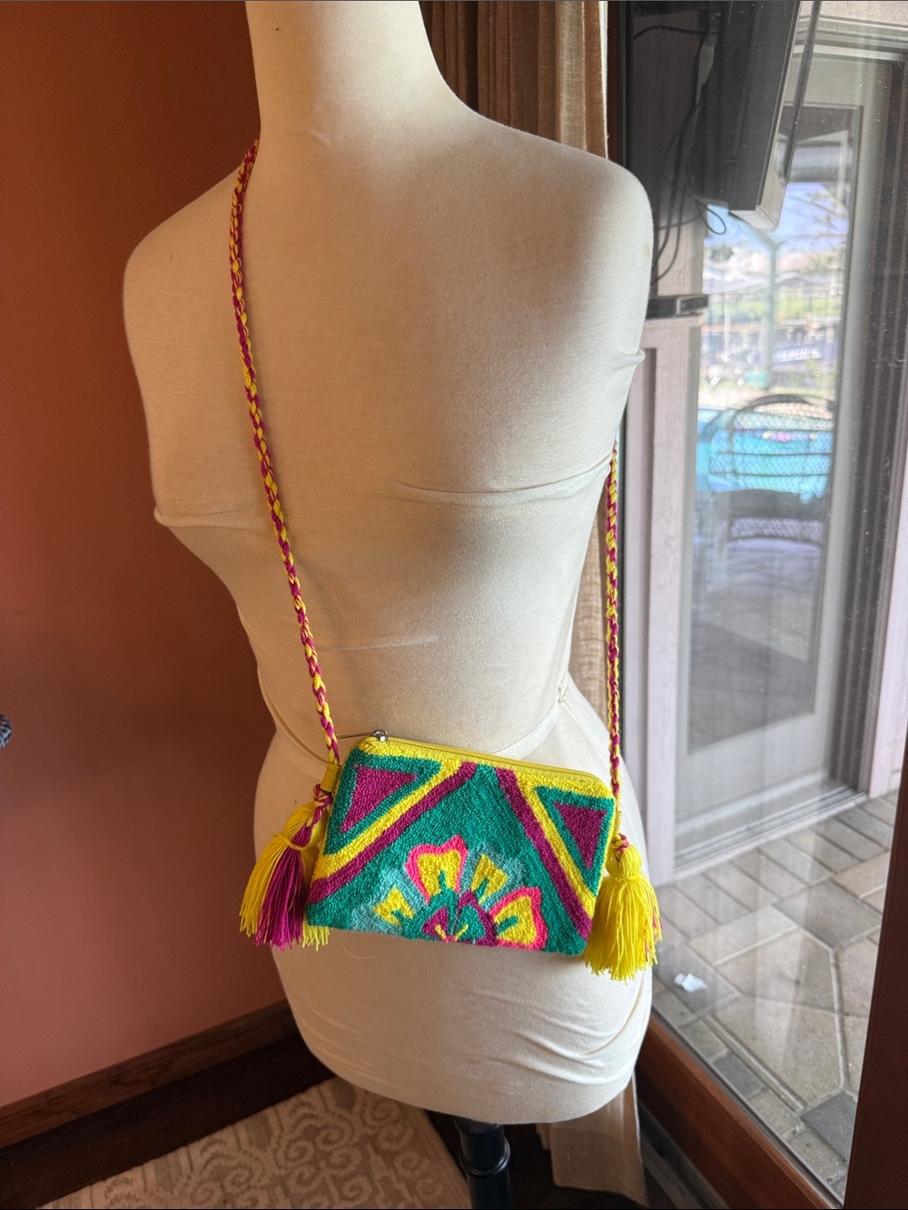 Colorful Handwoven Crossbody Bag with Tassels - Pink/Yellow/Green